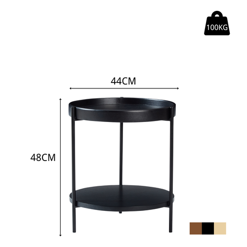 Table D'appoint Ronde à 2 Niveaux Avec Plateaux Bois Et Cadre En Fer Noir, 44x44x48 cm, Moderne