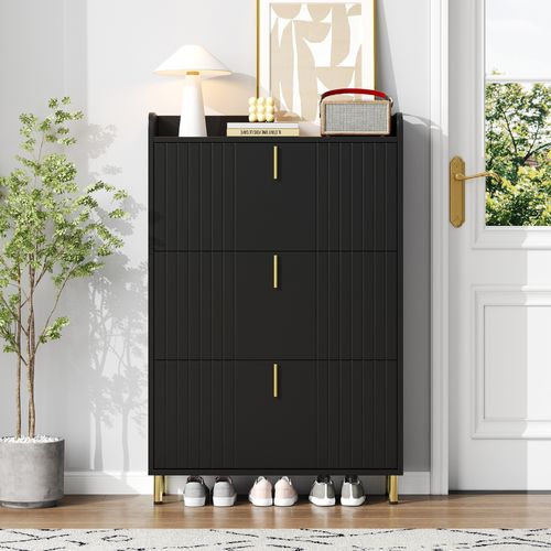 Meuble à Chaussures Noir Mat 3 Abattants, 6 Compartiments Réglables, Anti-basculement 80x23x123 Cm