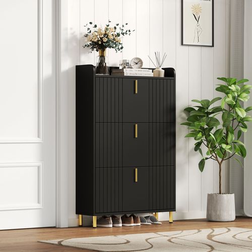 Meuble à Chaussures Noir Mat 3 Abattants, 6 Compartiments Réglables, Anti-basculement 80x23x123 Cm