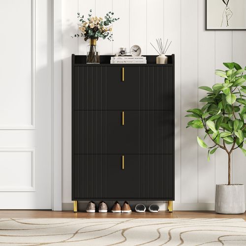Meuble à Chaussures Noir Mat 3 Abattants, 6 Compartiments Réglables, Anti-basculement 80x23x123 Cm