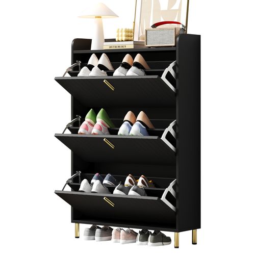 Meuble à Chaussures Noir Mat 3 Abattants, 6 Compartiments Réglables, Anti-basculement 80x23x123 Cm