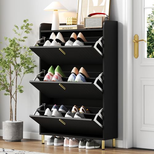 Meuble à Chaussures Noir Mat 3 Abattants, 6 Compartiments Réglables, Anti-basculement 80x23x123 Cm