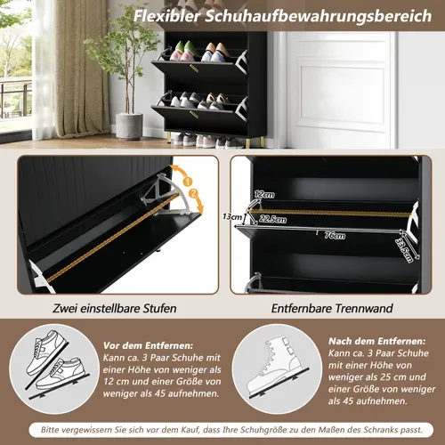 Meuble à Chaussures Noir Mat 3 Abattants, 6 Compartiments Réglables, Anti-basculement 80x23x123 Cm