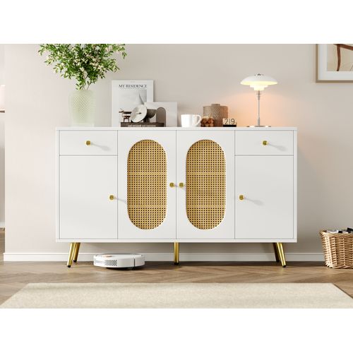 Buffet élégant Blanc Et Bois Naturel Avec 2 Tiroirs Et 4 Portes, étagères Réglables, 140x35x82 Cm