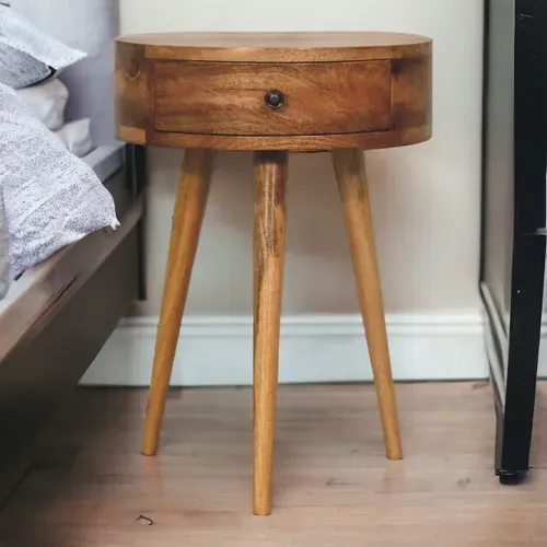 Table De Chevet Ronde En Bois Massif, Finition Oak-ish, 1 Tiroir, Style Nordique, 40x32x52 Cm