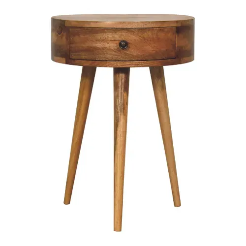 Table De Chevet Ronde En Bois Massif, Finition Oak-ish, 1 Tiroir, Style Nordique, 40x32x52 Cm