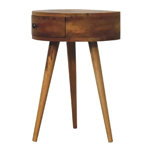 Table De Chevet Ronde En Bois Massif, Finition Oak-ish, 1 Tiroir, Style Nordique, 40x32x52 Cm