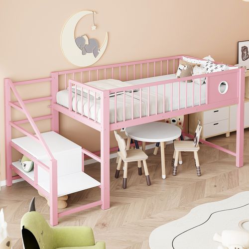 Lit Mi-haut 90x200 Cm En Métal Rose Avec échelle De Rangement Intégrée, Structure Robuste