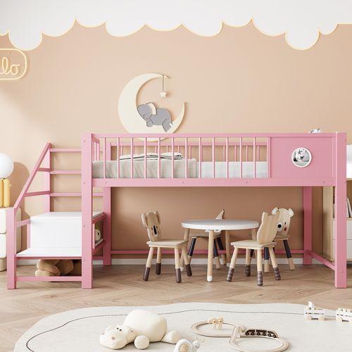 Lit Mi-haut 90x200 Cm En Métal Rose Avec échelle De Rangement Intégrée, Structure Robuste