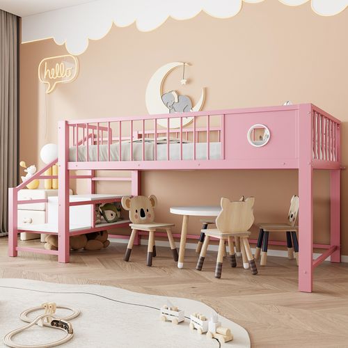 Lit Mi-haut 90x200 Cm En Métal Rose Avec échelle De Rangement Intégrée, Structure Robuste