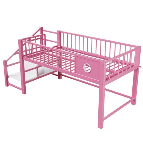 Lit Mi-haut 90x200 Cm En Métal Rose Avec échelle De Rangement Intégrée, Structure Robuste
