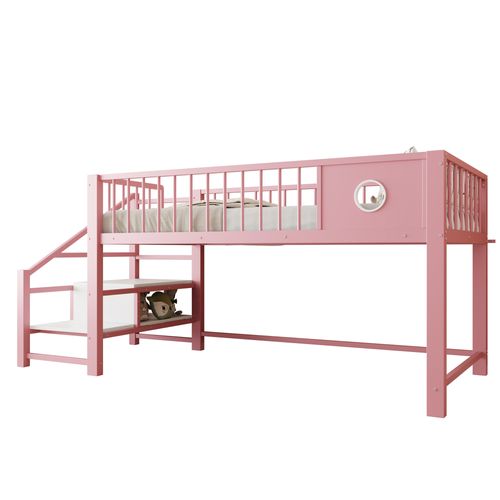 Lit Mi-haut 90x200 Cm En Métal Rose Avec échelle De Rangement Intégrée, Structure Robuste