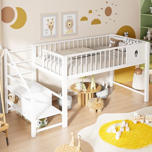 Lit Mi-haut 90x200 Cm En Métal Blanc Avec échelle De Rangement Intégrée, Structure Robuste