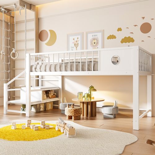 Lit Mi-haut 90x200 Cm En Métal Blanc Avec échelle De Rangement Intégrée, Structure Robuste
