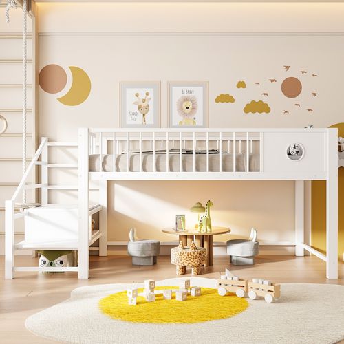 Lit Mi-haut 90x200 Cm En Métal Blanc Avec échelle De Rangement Intégrée, Structure Robuste