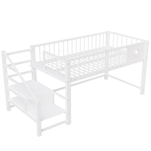 Lit Mi-haut 90x200 Cm En Métal Blanc Avec échelle De Rangement Intégrée, Structure Robuste