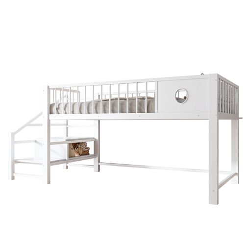 Lit Mi-haut 90x200 Cm En Métal Blanc Avec échelle De Rangement Intégrée, Structure Robuste