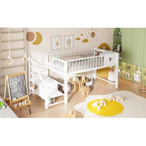 Lit Mi-haut 90x200 Cm En Métal Blanc Avec échelle De Rangement Intégrée, Structure Robuste