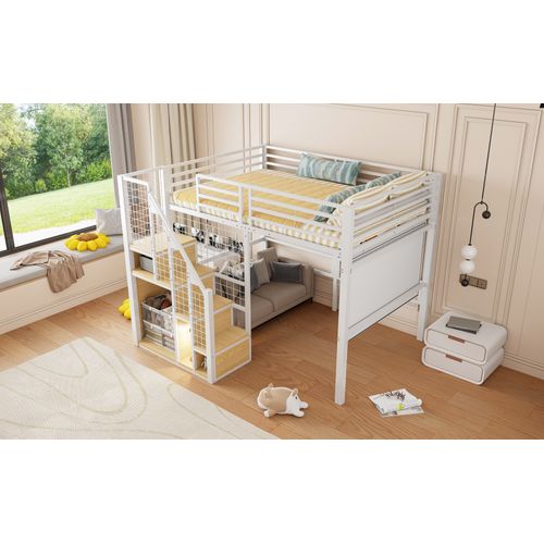 Lit Mezzanine 140x200 Cm Blanc Avec Escalier Sécurisé, Rangements Intégrés Et Grande Surface