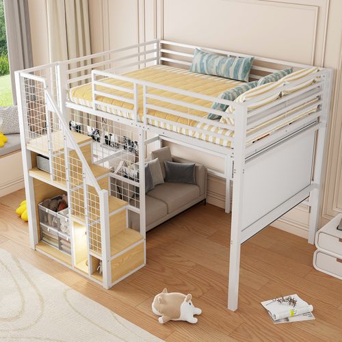 Lit Mezzanine 140x200 Cm Blanc Avec Escalier Sécurisé, Rangements Intégrés Et Grande Surface