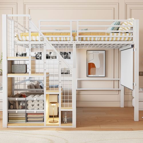 Lit Mezzanine 140x200 Cm Blanc Avec Escalier Sécurisé, Rangements Intégrés Et Grande Surface