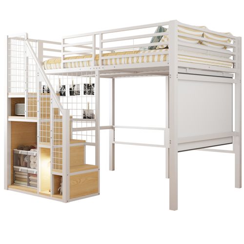 Lit Mezzanine 140x200 Cm Blanc Avec Escalier Sécurisé, Rangements Intégrés Et Grande Surface