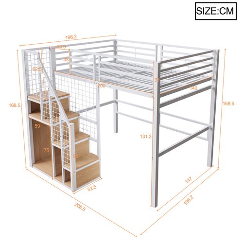 Lit Mezzanine 140x200 Cm Blanc Avec Escalier Sécurisé, Rangements Intégrés Et Grande Surface