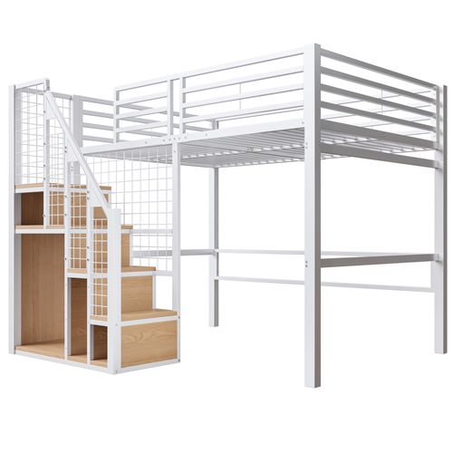 Lit Mezzanine 140x200 Cm Blanc Avec Escalier Sécurisé, Rangements Intégrés Et Grande Surface