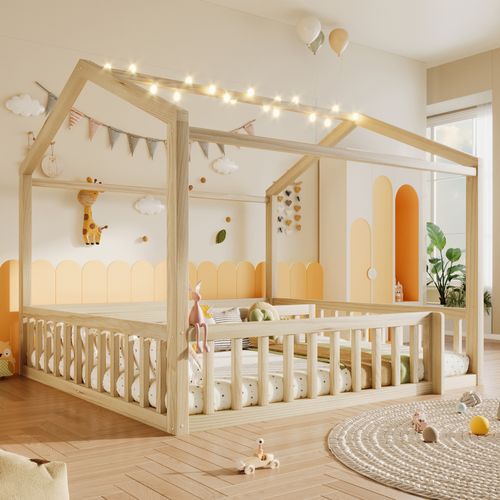 Lit Enfant Maison Modulable 90x190/180x190 Cm En Bois De Pin Naturel Avec Barrières Et Perles LED