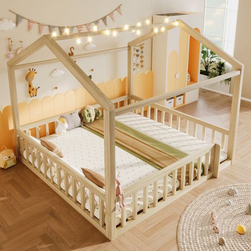 Lit Enfant Maison Modulable 90x190/180x190 Cm En Bois De Pin Naturel Avec Barrières Et Perles LED