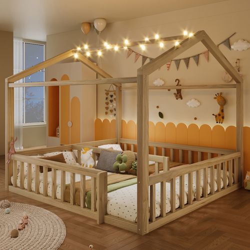 Lit Enfant Maison Modulable 90x190/180x190 Cm En Bois De Pin Naturel Avec Barrières Et Perles LED