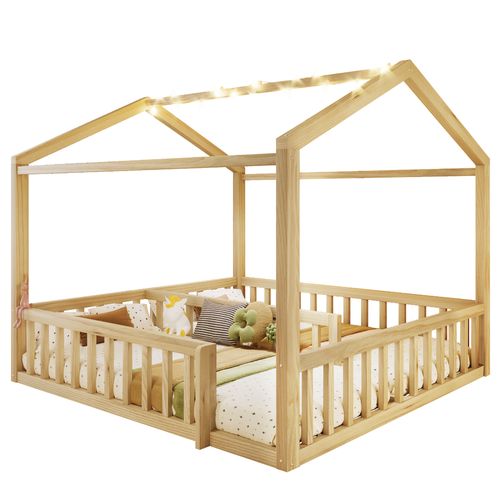 Lit Enfant Maison Modulable 90x190/180x190 Cm En Bois De Pin Naturel Avec Barrières Et Perles LED