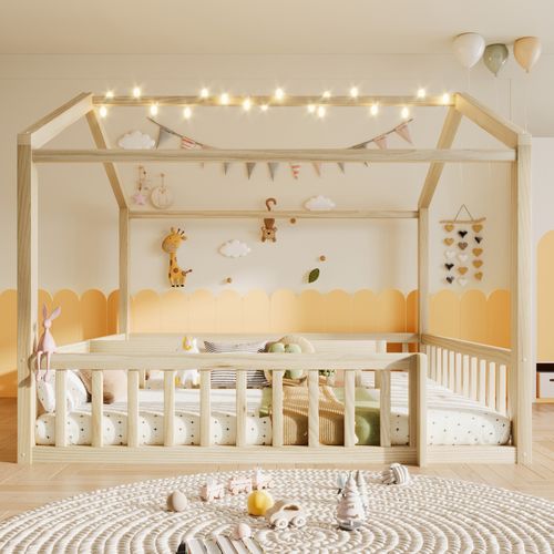 Lit Enfant Maison Modulable 90x190/180x190 Cm En Bois De Pin Naturel Avec Barrières Et Perles LED