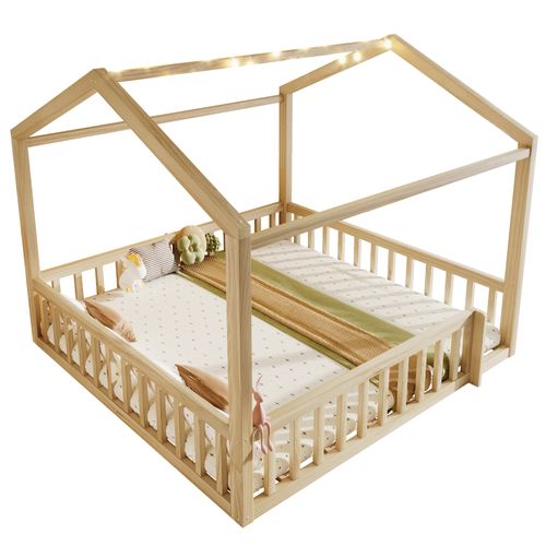 Lit Enfant Maison Modulable 90x190/180x190 Cm En Bois De Pin Naturel Avec Barrières Et Perles LED