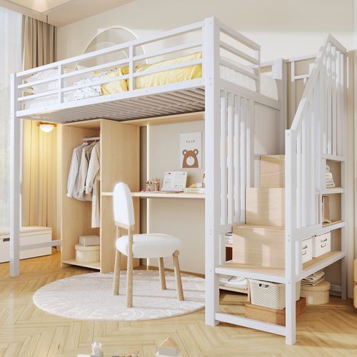 Lit Mezzanine 90x200 Cm Blanc Avec Bureau Intégré, Armoire, Structure Robuste En Acier Et Mdf