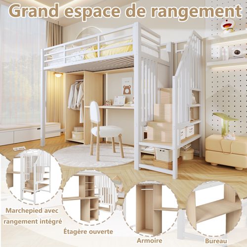 Lit Mezzanine 90x200 Cm Blanc Avec Bureau Intégré, Armoire, Structure Robuste En Acier Et Mdf