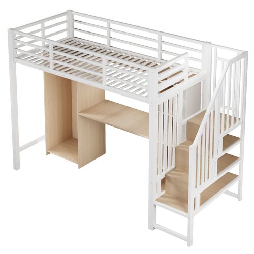 Lit Mezzanine 90x200 Cm Blanc Avec Bureau Intégré, Armoire, Structure Robuste En Acier Et Mdf