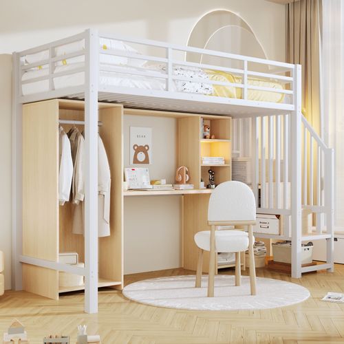 Lit Mezzanine 90x200 Cm Blanc Avec Bureau Intégré, Armoire, Structure Robuste En Acier Et Mdf