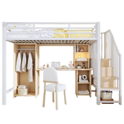 Lit Mezzanine 90x200 Cm Blanc Avec Bureau Intégré, Armoire, Structure Robuste En Acier Et Mdf