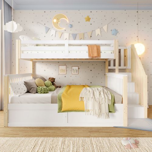 Lit Superposé 90x200+140x200 Cm Avec Levage Hydraulique, Structure Bois Pin/mdf, Blanc Et Naturel