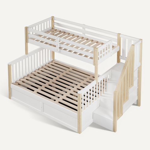 Lit Superposé 90x200+140x200 Cm Avec Levage Hydraulique, Structure Bois Pin/mdf, Blanc Et Naturel
