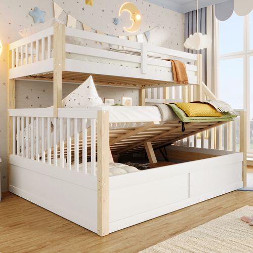 Lit Superposé 90x200+140x200 Cm Avec Levage Hydraulique, Structure Bois Pin/mdf, Blanc Et Naturel