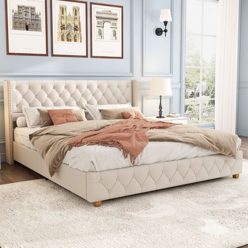Lit Double 180x200 Cm En Lin Beige Avec Capitonnage à Boutons, Rivets Latéraux Et Sommier 12 Lattes