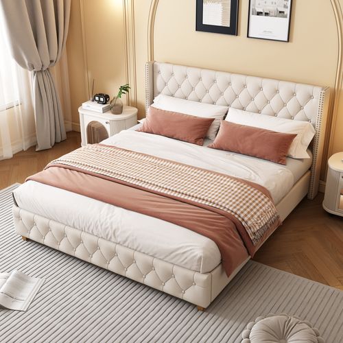 Lit Double 180x200 Cm En Lin Beige Avec Capitonnage à Boutons, Rivets Latéraux Et Sommier 12 Lattes
