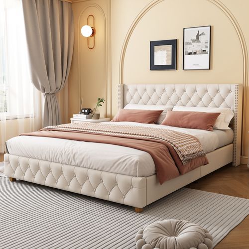 Lit Double 180x200 Cm En Lin Beige Avec Capitonnage à Boutons, Rivets Latéraux Et Sommier 12 Lattes
