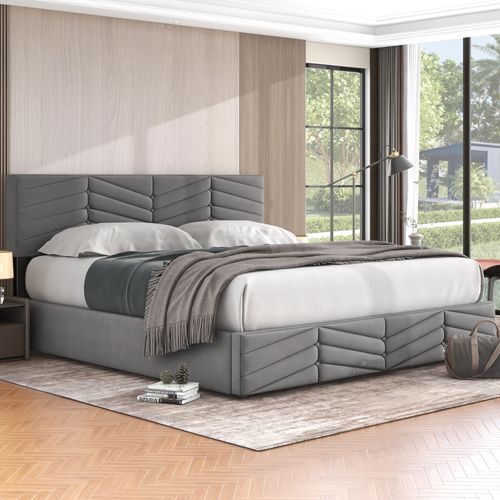 Lit Double 160x200 Cm En Velours Gris Avec Coffre Hydraulique, Tête Réglable Et Sommier 24 Lattes