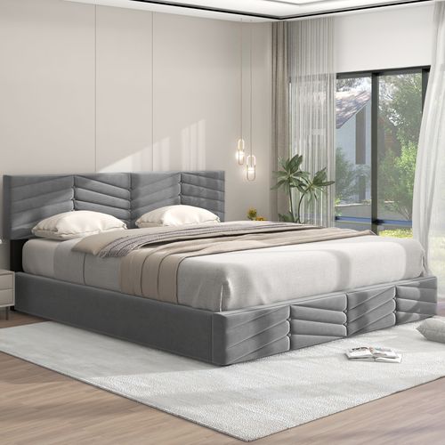 Lit Double 160x200 Cm En Velours Gris Avec Coffre Hydraulique, Tête Réglable Et Sommier 24 Lattes