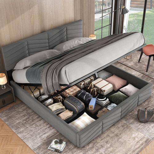 Lit Double 160x200 Cm En Velours Gris Avec Coffre Hydraulique, Tête Réglable Et Sommier 24 Lattes