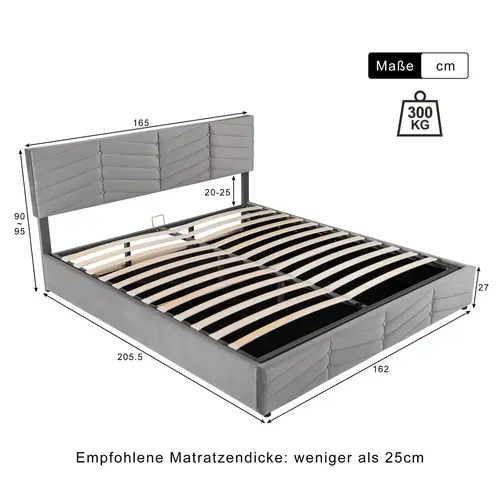 Lit Double 160x200 Cm En Velours Gris Avec Coffre Hydraulique, Tête Réglable Et Sommier 24 Lattes