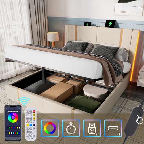 Lit Coffre 140x200 Cm En Lin Beige Avec LED Rgb, Contrôle App, USB/type-c Et Sommier Bois
